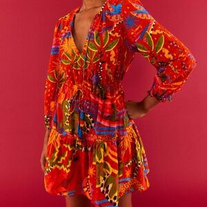 RED MAGIC FOREST V NECK MINI DRESS